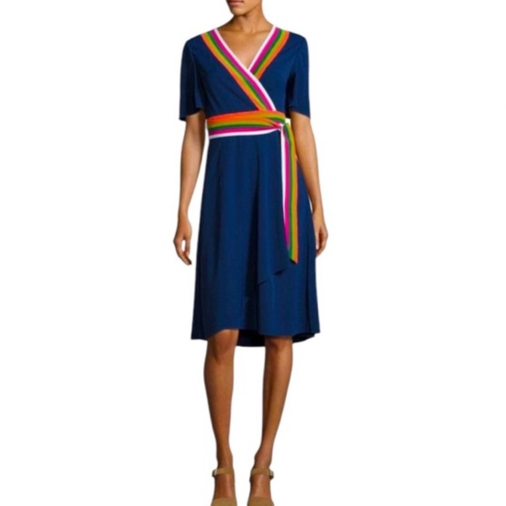 Tory Burch Peggy Wrap Dress Size 2 Navy Sea Soul Stripe + Multicolour Accents